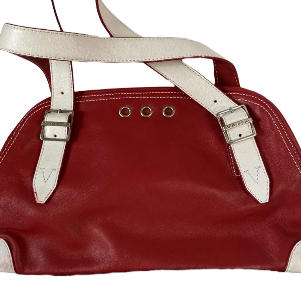 Via Spiga Red White Leather Purse Bowling Bag Shape Pockets Shoulder